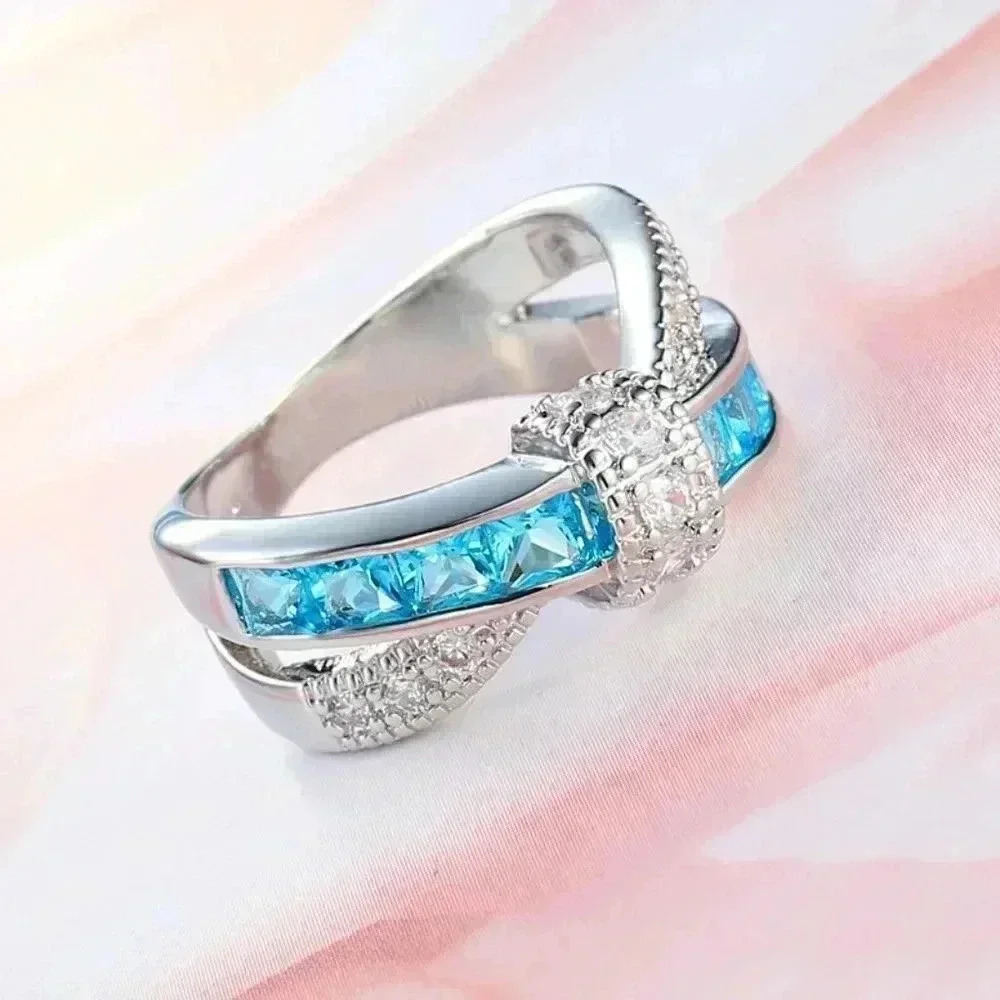 🎀925 Silver Plated Sea Blue CZ Punk Party Cocktail Ring for Women, GPMB1405